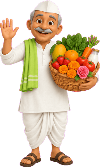Ramaji, a Milqit farmer from Katol, holding a basket of fresh produce