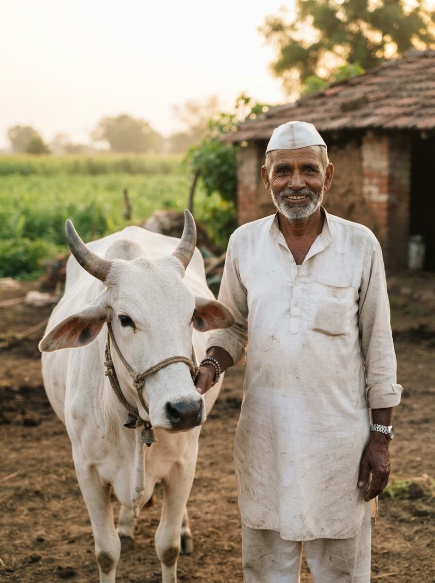 Ramaji Rao standing with his Gir cow
