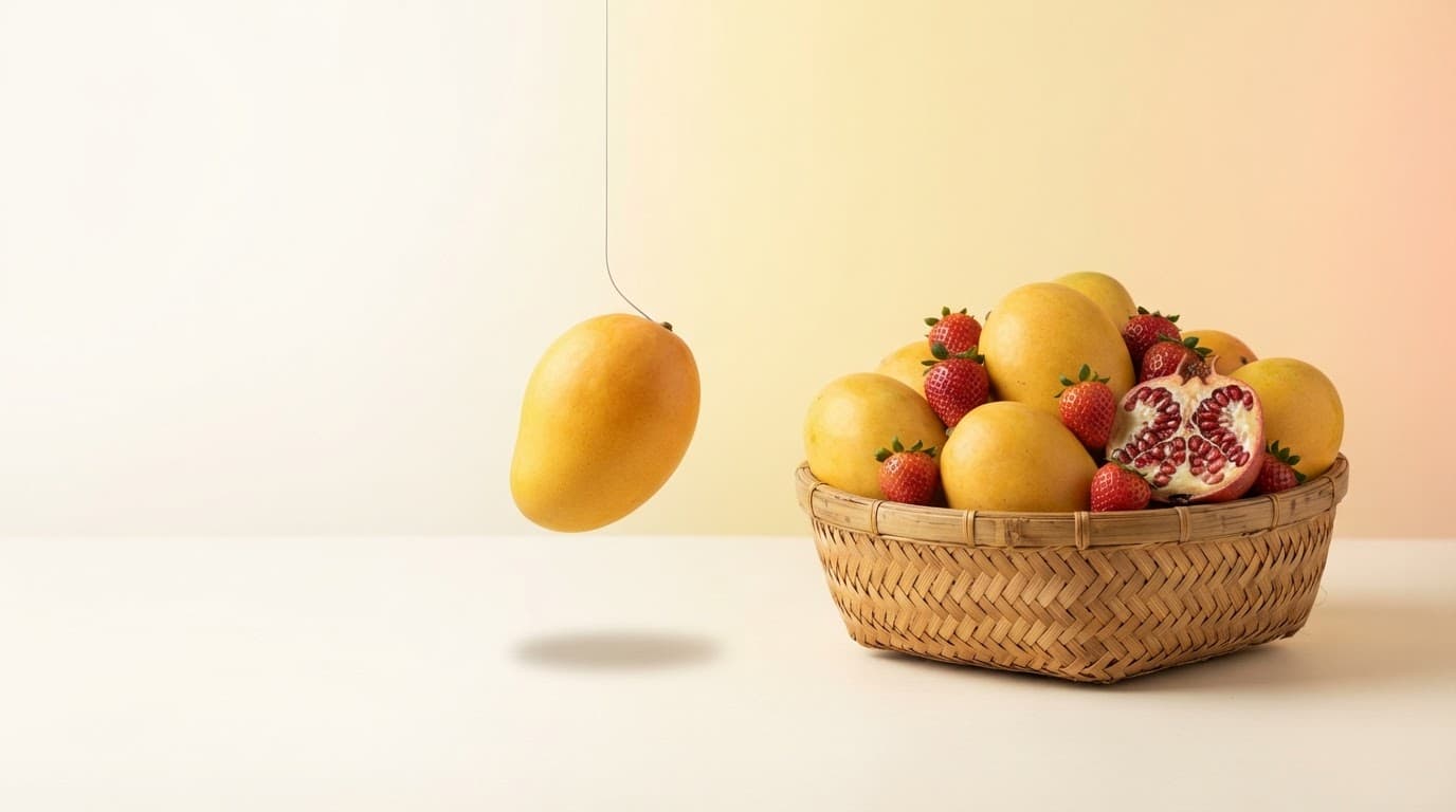 A woven basket of Alphonso mangoes, strawberries and pomegranate