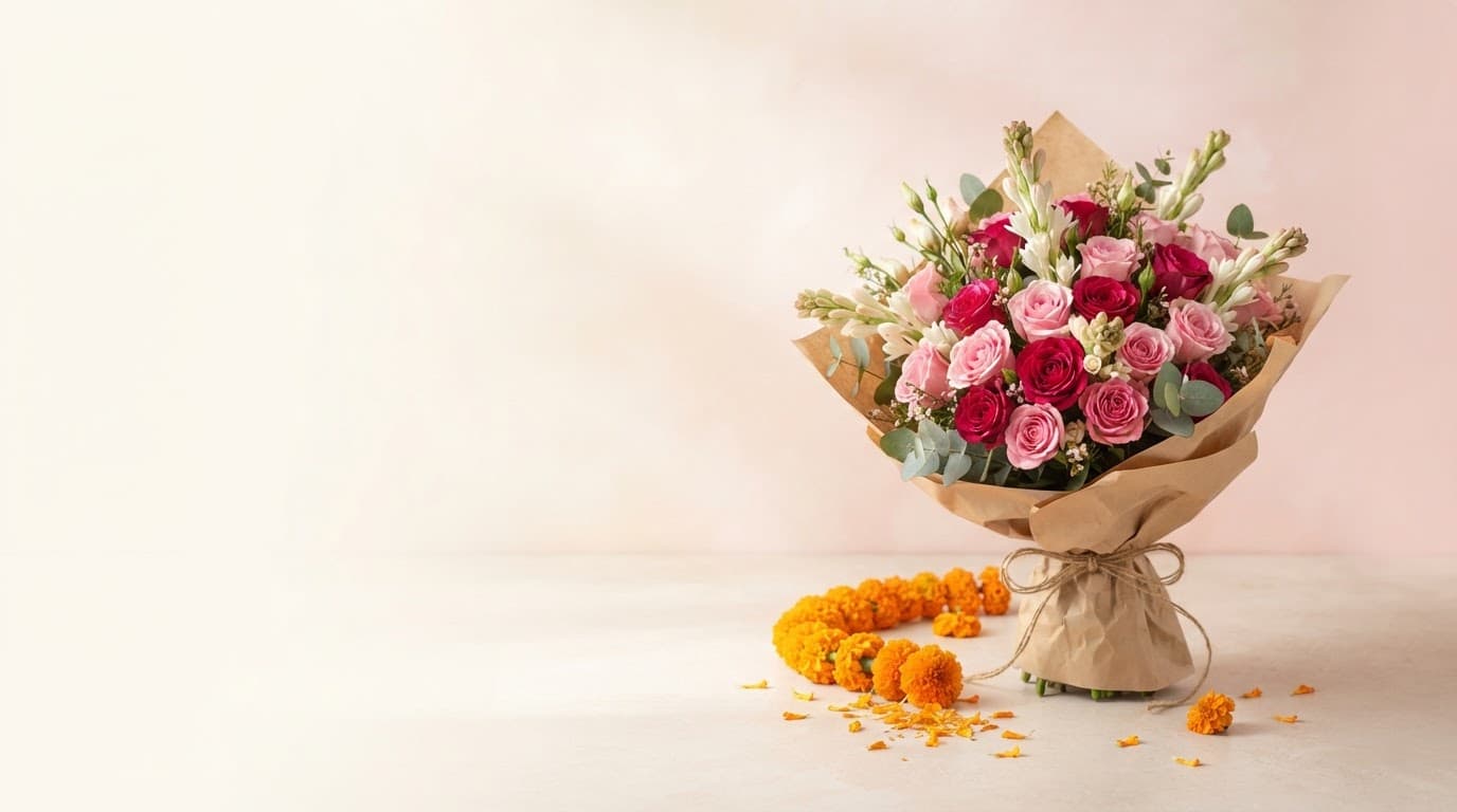 A bouquet of pink and red roses with tuberose wrapped in kraft paper beside a marigold garland